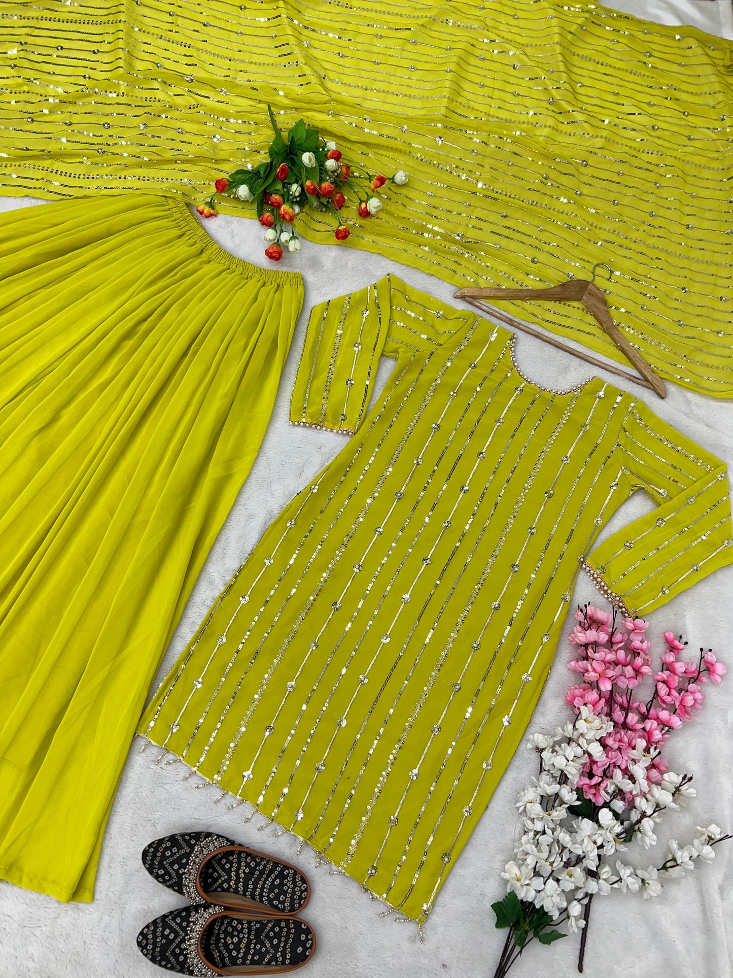 Faux Georgette And Heavy Embroidery Sequence Work Top-Plazo And Dupatta Set Fully Stitched