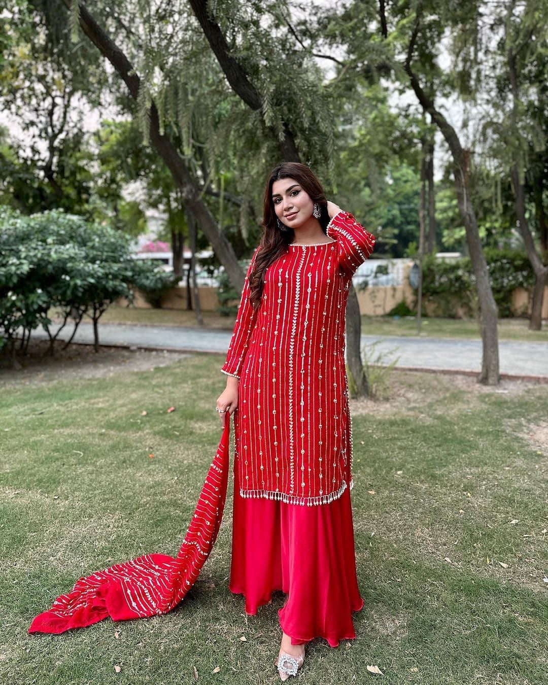 Faux Georgette And Heavy Embroidery Sequence Work Top-Plazo And Dupatta Set Fully Stitched