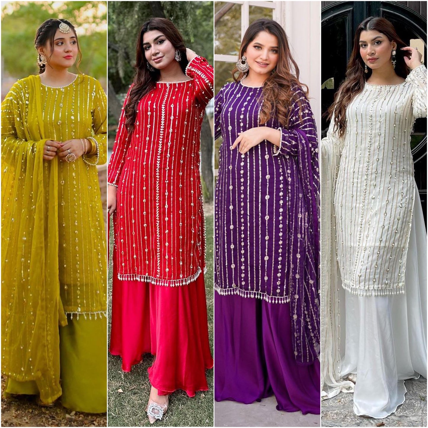 Faux Georgette And Heavy Embroidery Sequence Work Top-Plazo And Dupatta Set Fully Stitched