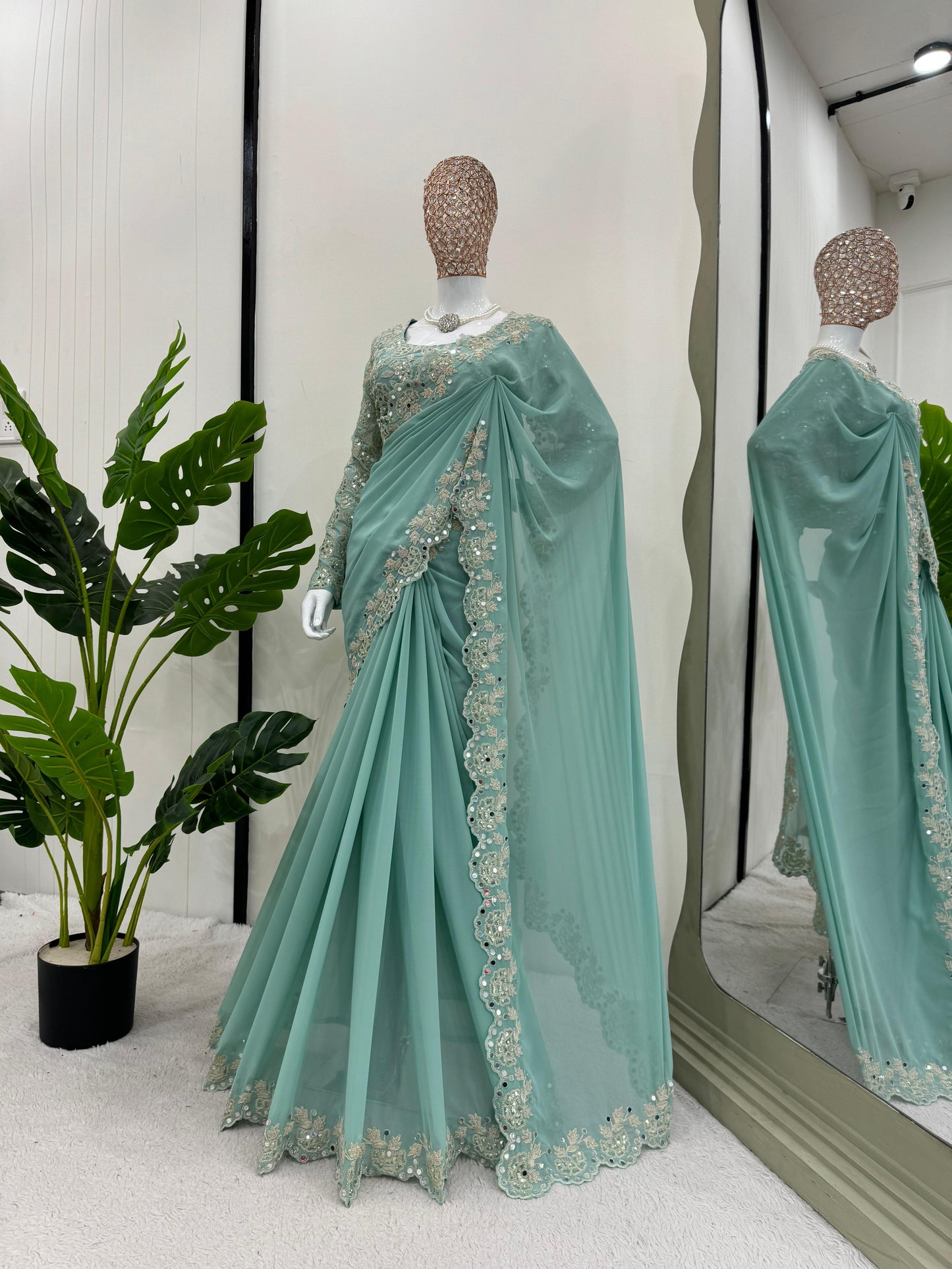 Designer Georgette Saree with Intricate Coding, Sequins & Real Mirror Work