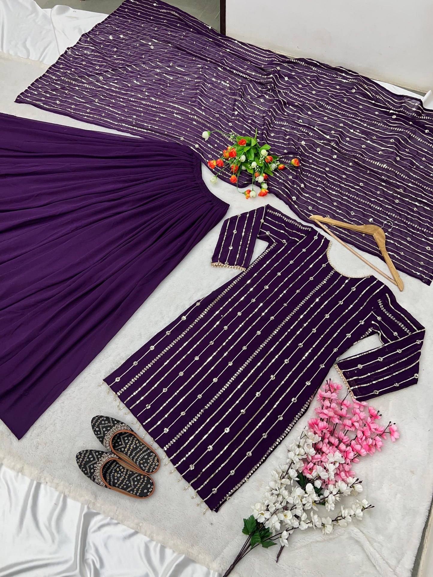 Faux Georgette And Heavy Embroidery Sequence Work Top-Plazo And Dupatta Set Fully Stitched