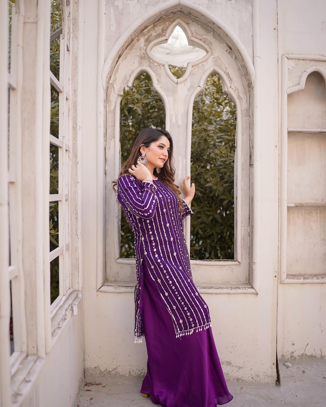Faux Georgette And Heavy Embroidery Sequence Work Top-Plazo And Dupatta Set Fully Stitched