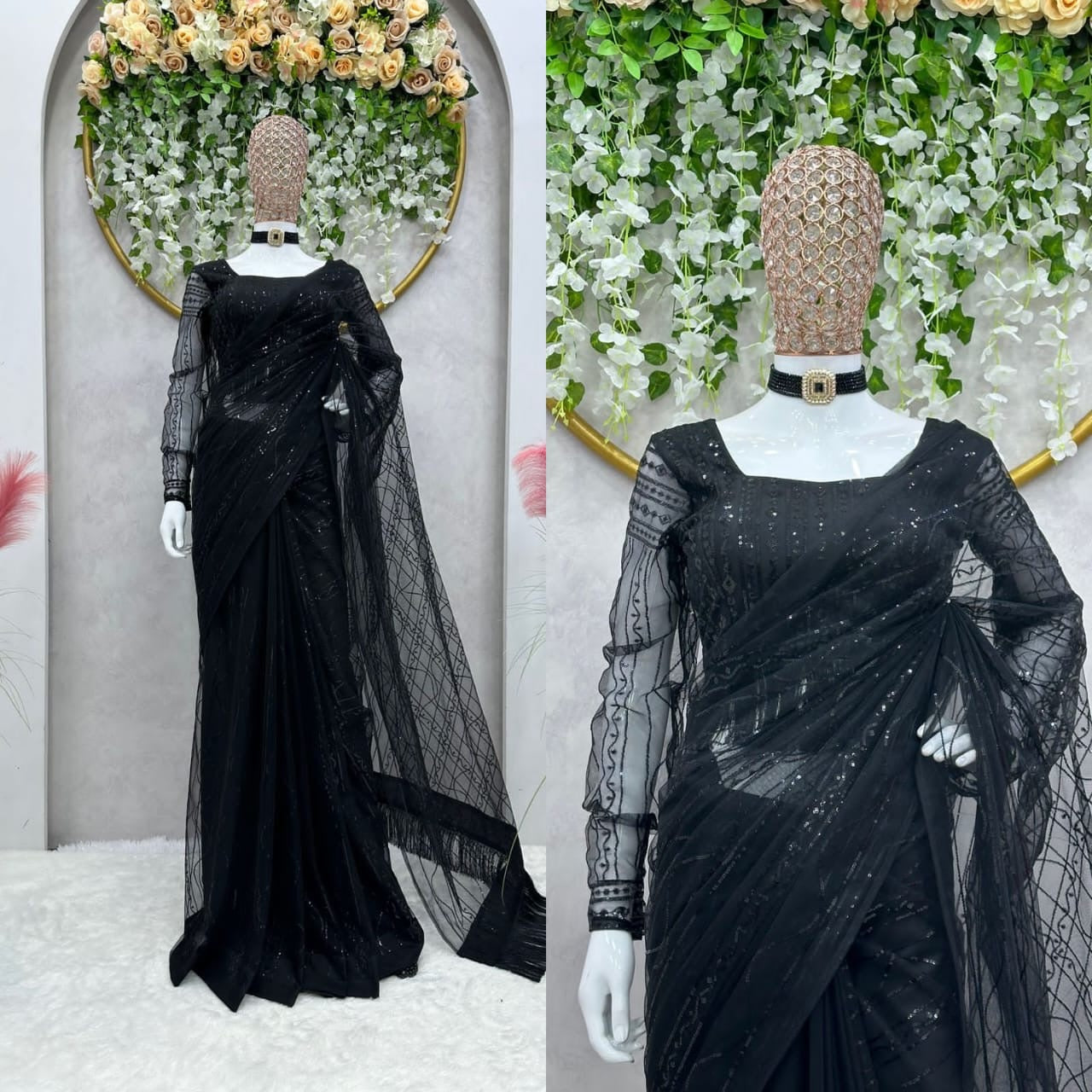 Magnifique Saree en filet de couleur noire prêt à porter