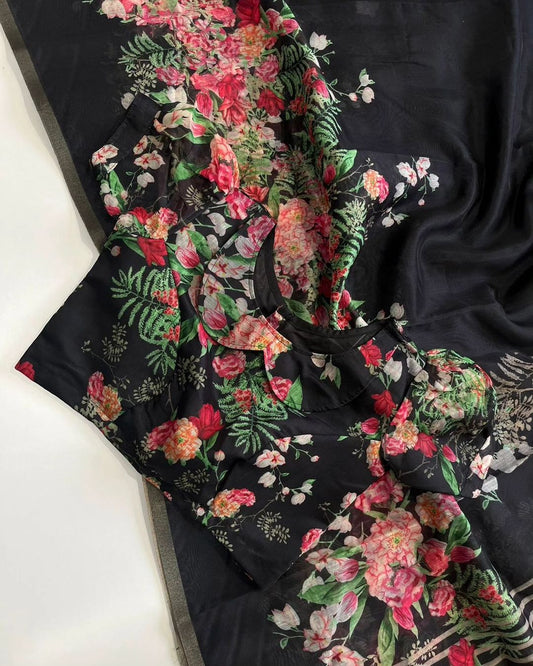 Magnifique Saree de créateur avec imprimé floral et chemisier imprimé cousu