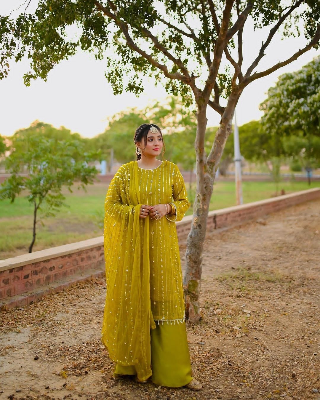 Faux Georgette et séquence de broderie lourde - Ensemble Top-Plazo et Dupatta entièrement cousu