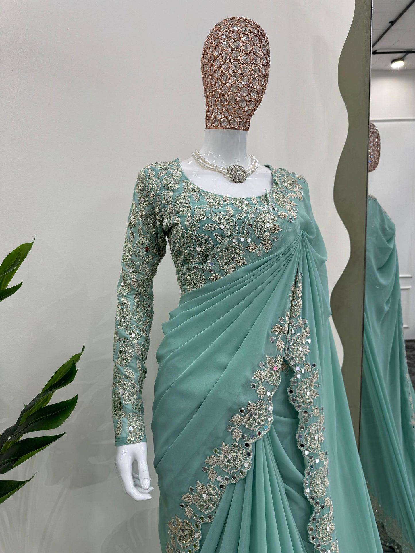 Designer Georgette Saree with Intricate Coding, Sequins & Real Mirror Work