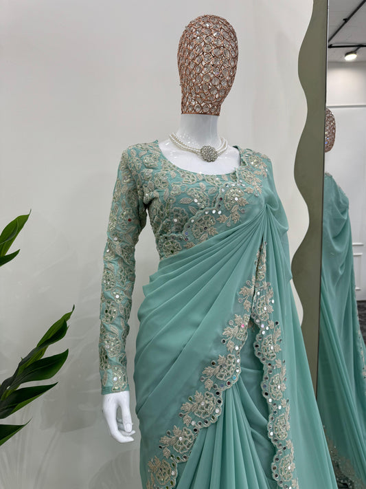 Designer Georgette Saree with Intricate Coding, Sequins & Real Mirror Work