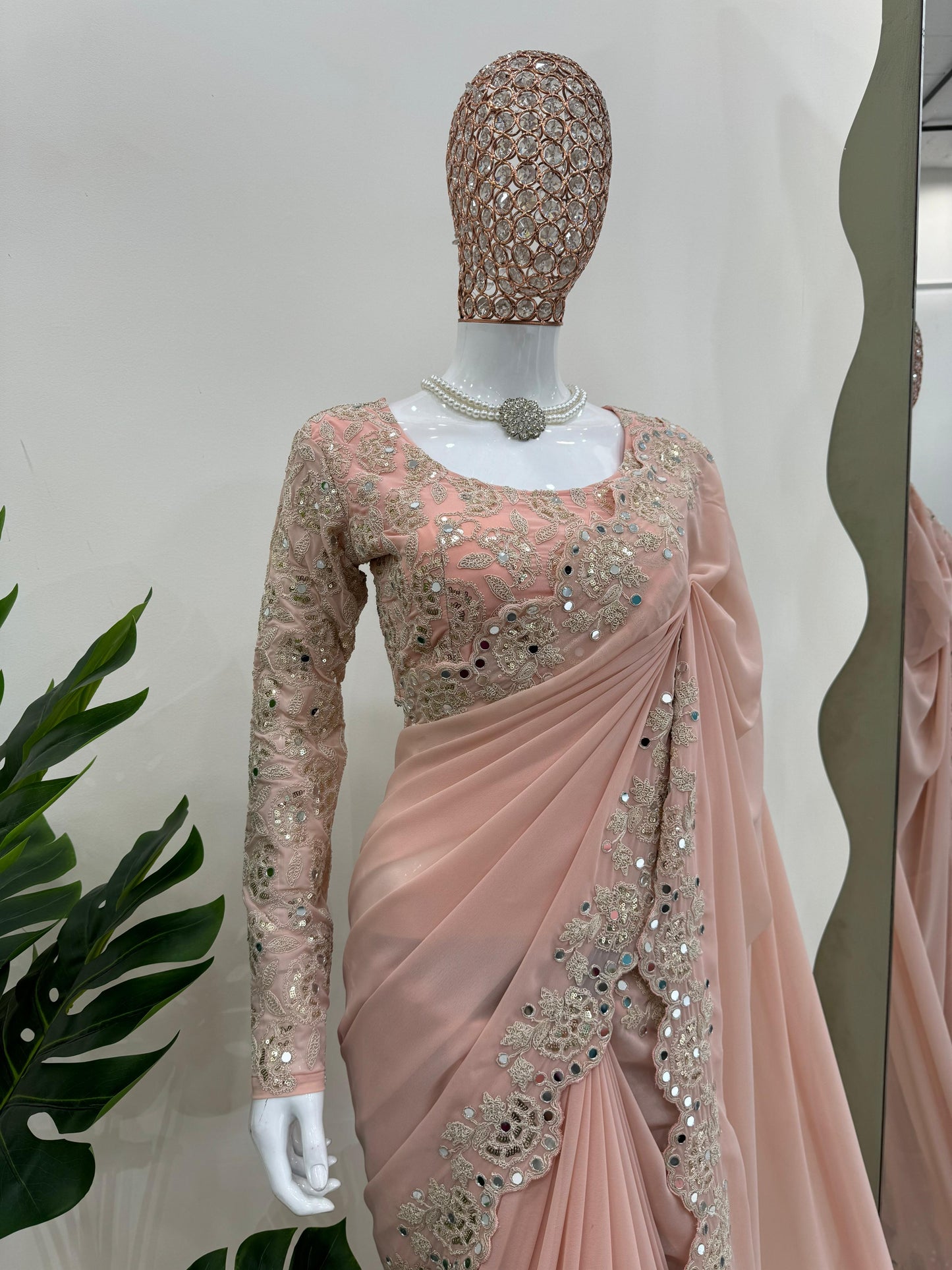 Designer Georgette Saree with Intricate Coding, Sequins & Real Mirror Work