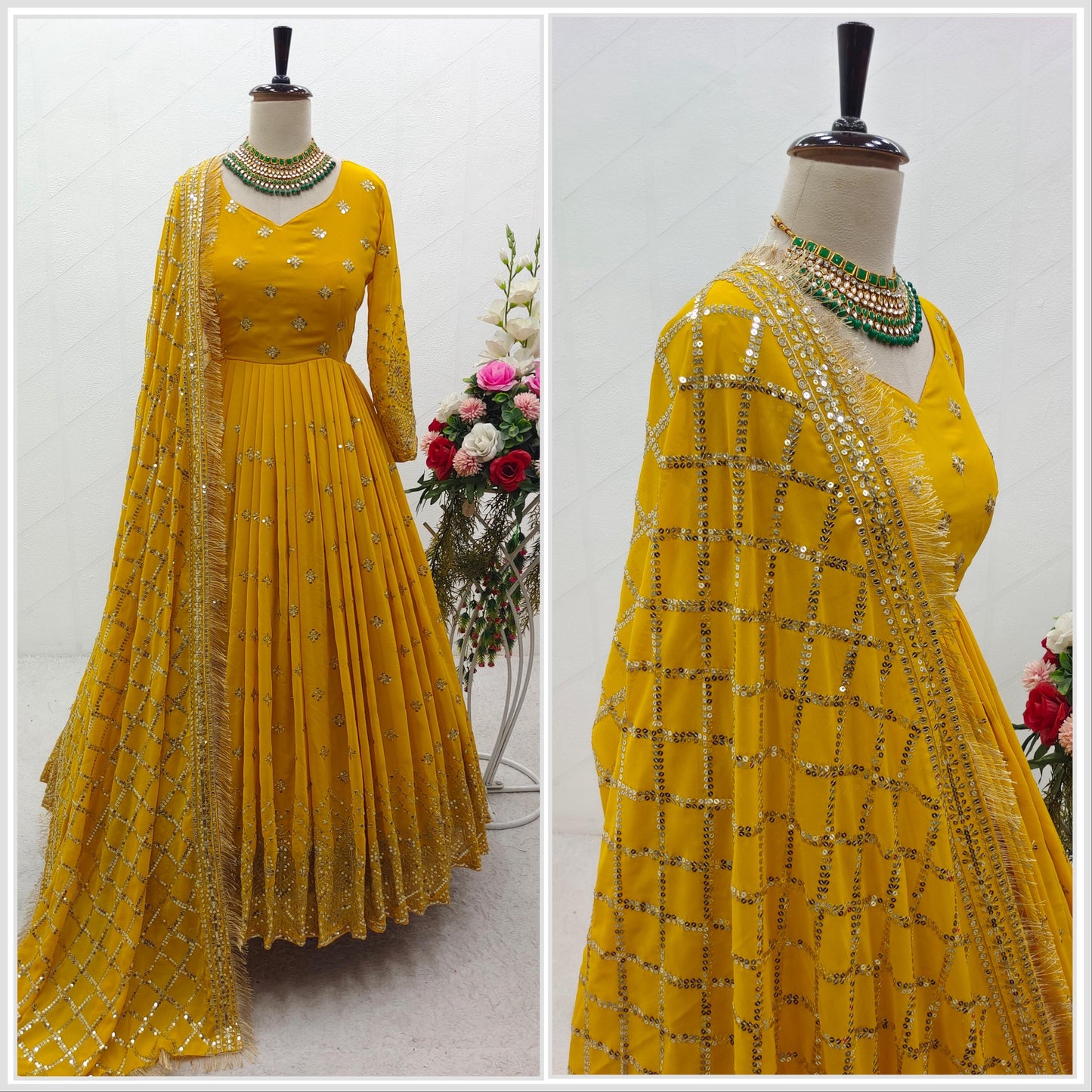 Anarkali Robe Brodé en Sequins & Zari avec Dupatta Élégante