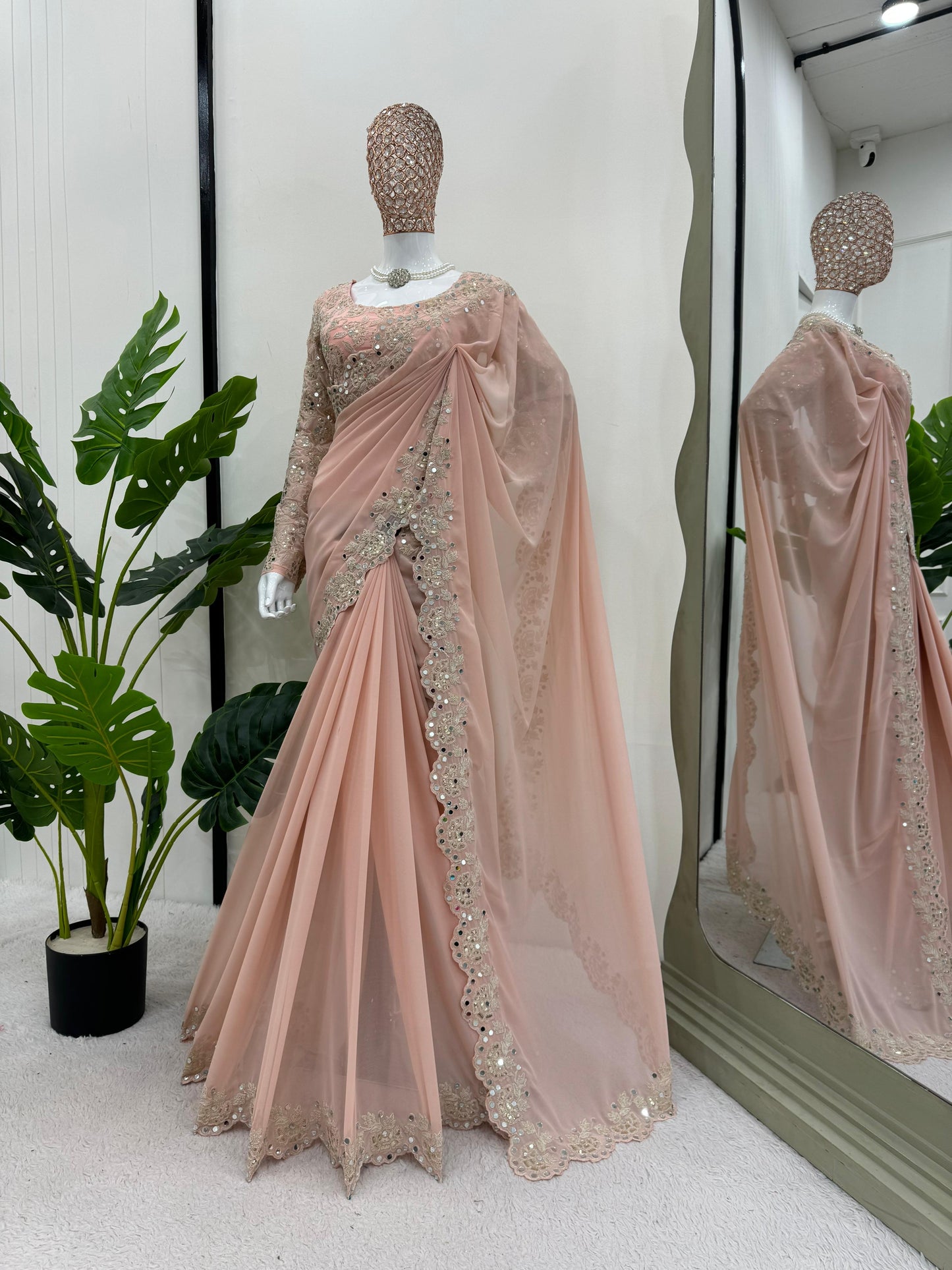 Designer Georgette Saree with Intricate Coding, Sequins & Real Mirror Work