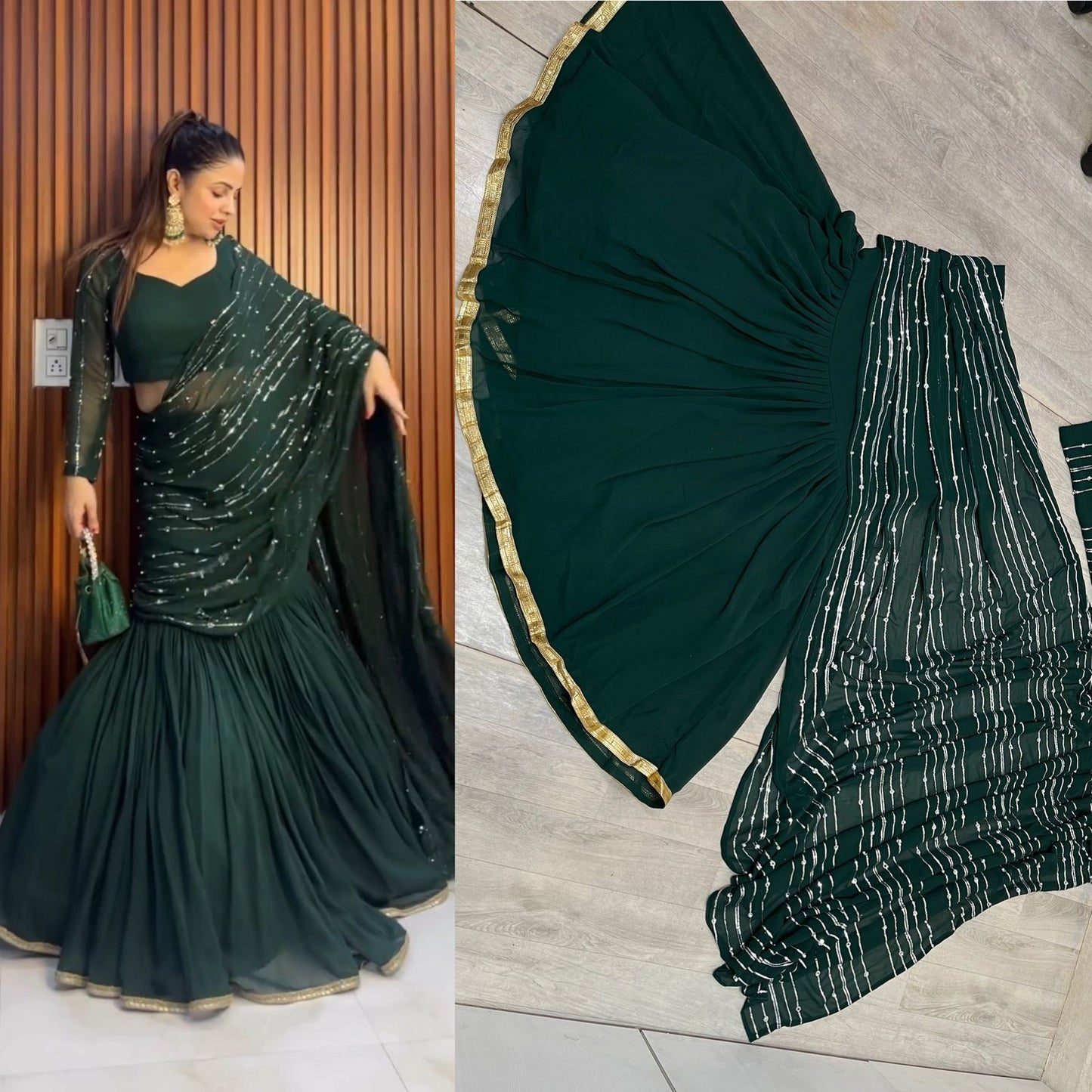 Élégance opulente : ensemble de fausse georgette avec fil, séquence et rivet Moti Work Prêt-à-porter Lehenga Saree pour un glamour sans effort !