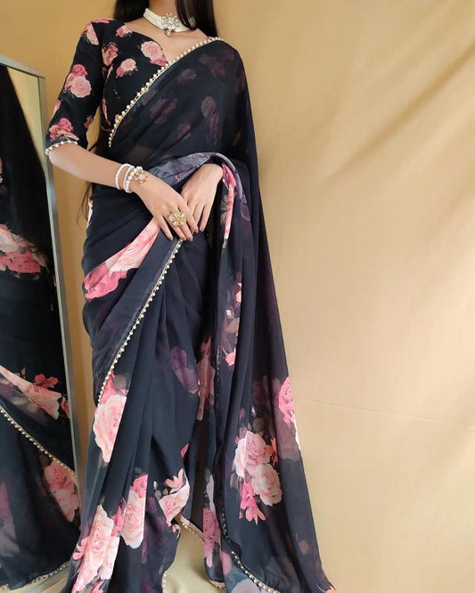 Georgette Saree imprimé avec bordure en dentelle perlée